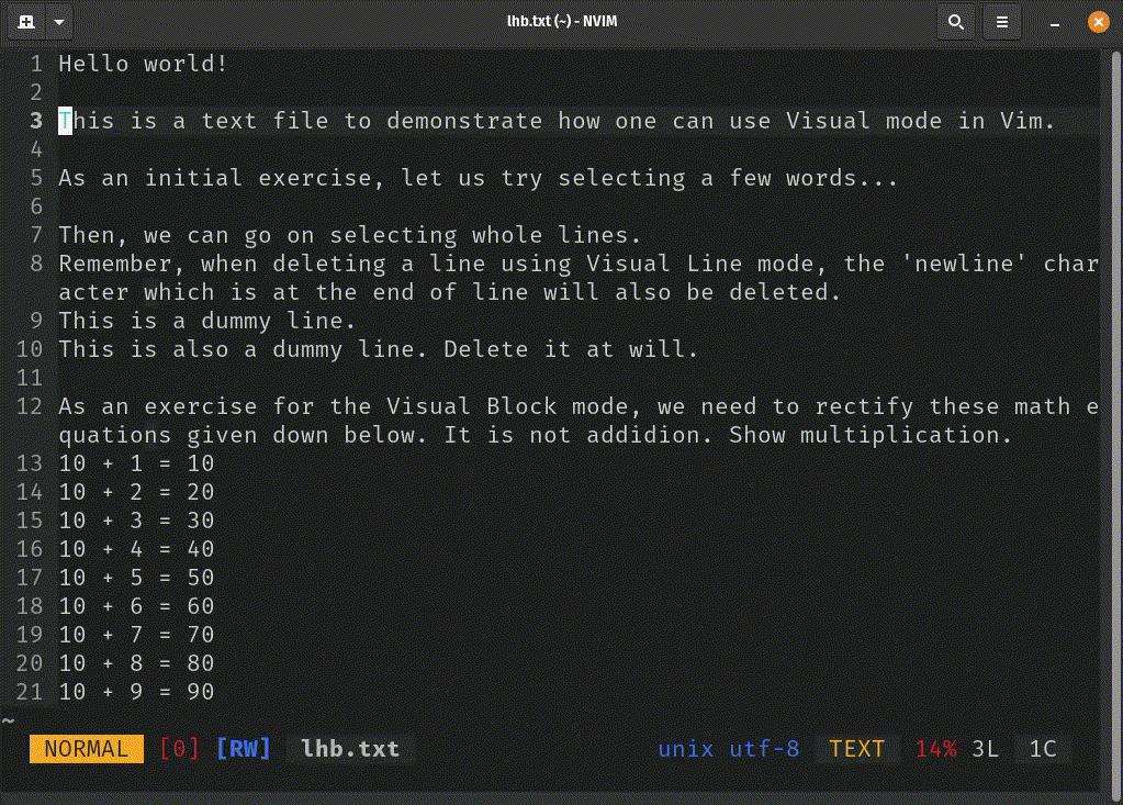 Demonstration of selecting text in Vim