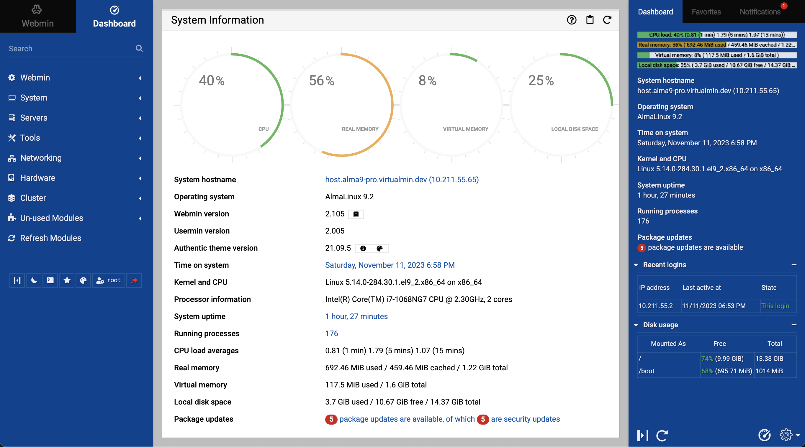 Webmin ⇾ System ⇾ Dashboard