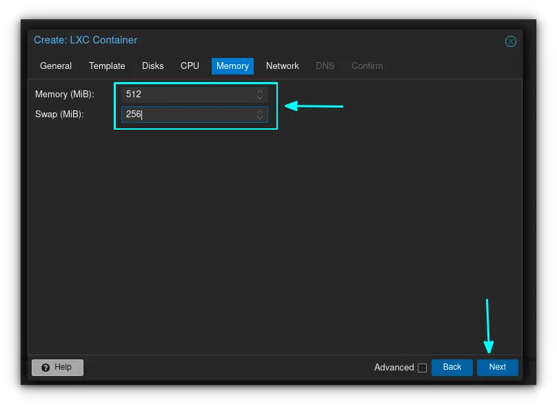 Enter the amount of memory you wish to assign your container. A better practice is to assign half the amount of assigned memory as swap. Here, 512 MiB is given as memory and 256 Mib as Swap