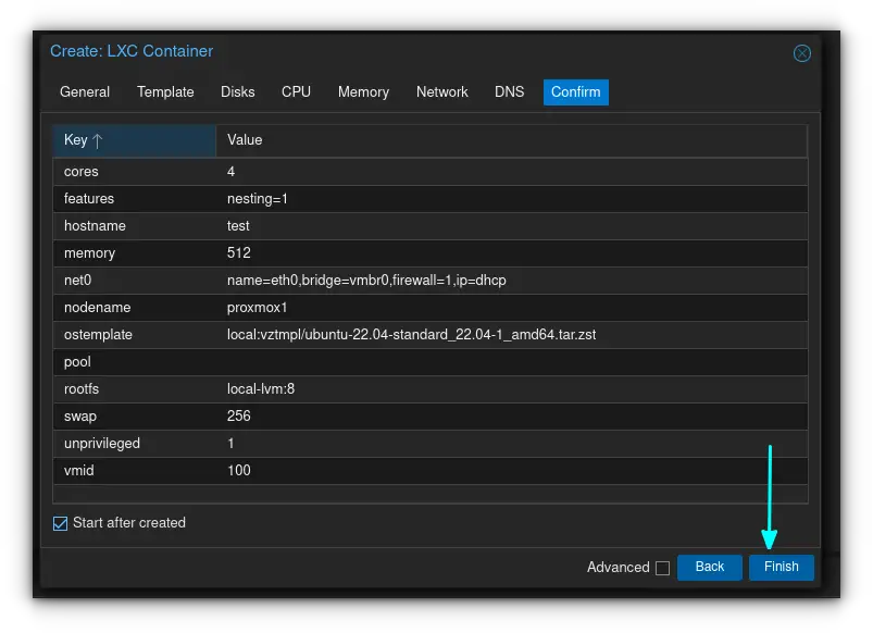 Review the settings you have configured and press Finish if everything is OK