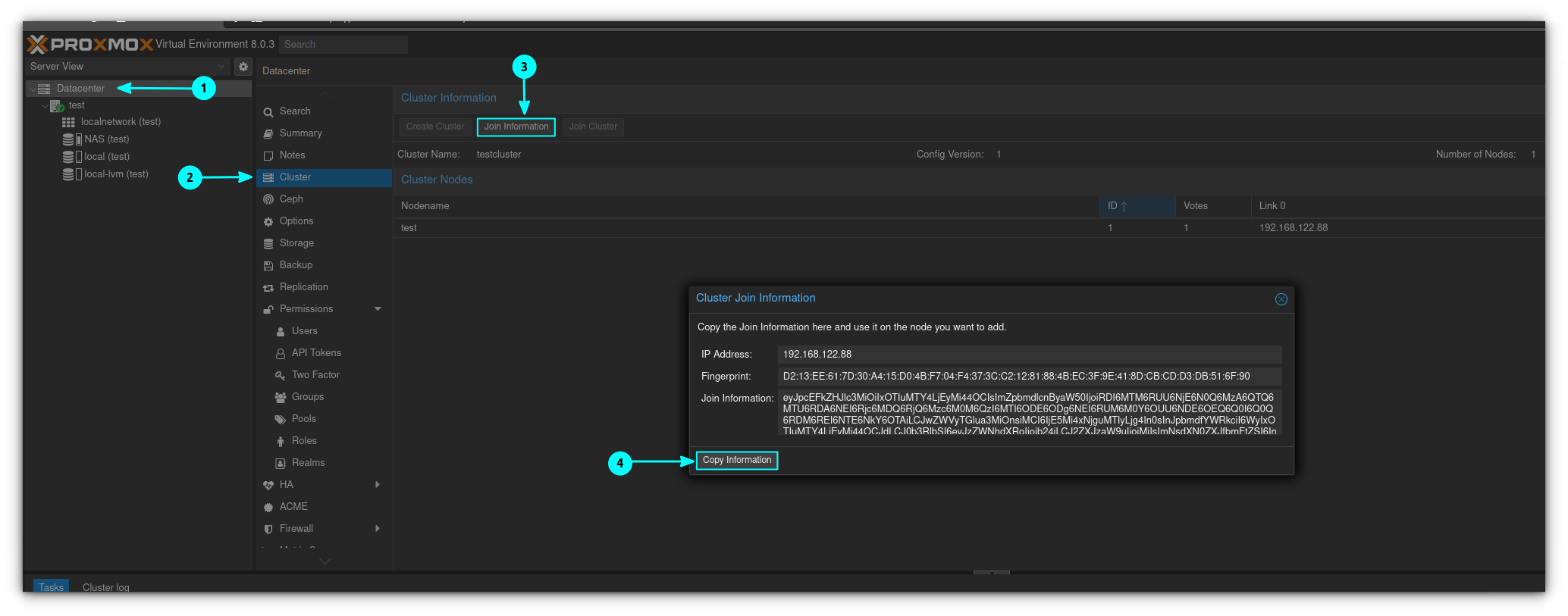 From the first server, copy the join information from the cluster tab.