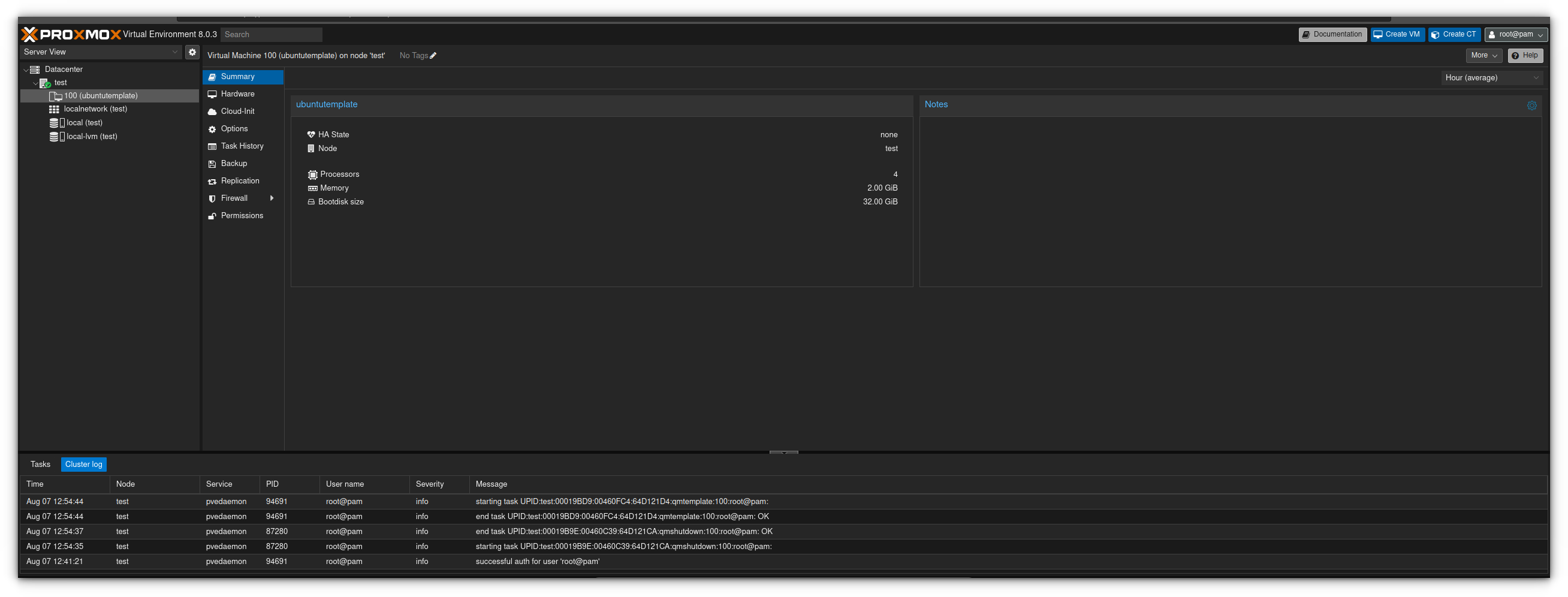 Template created in Proxmox