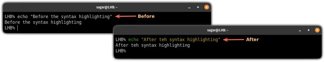 before and after results of enabling syntax highlighting on ZSH