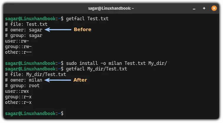 Change ownership while copying a file using the install command