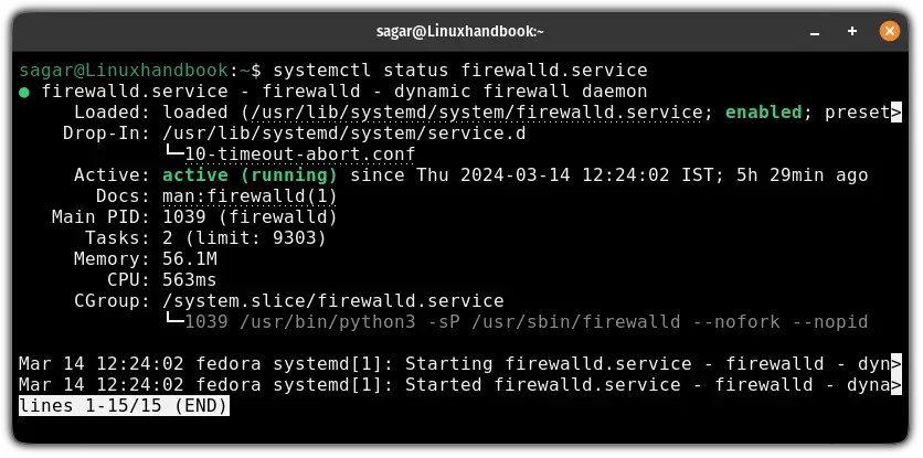 use the systemctl command to check the firewalld status