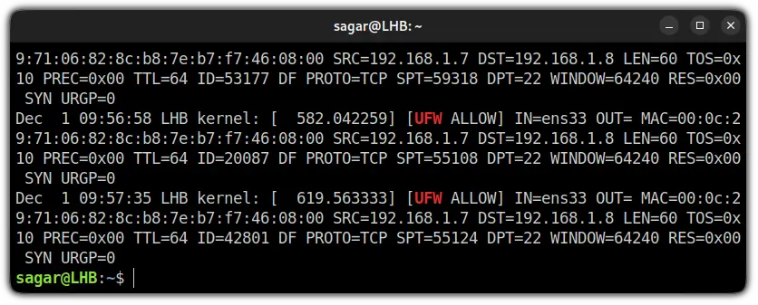 check ufw firewall log using grep command in linux