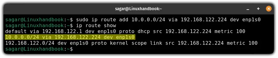 Configure static route in the routing table using the ip command