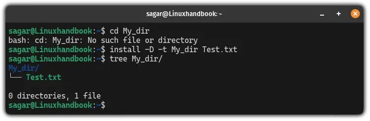 Copy files inside new directory using the install command in Linux