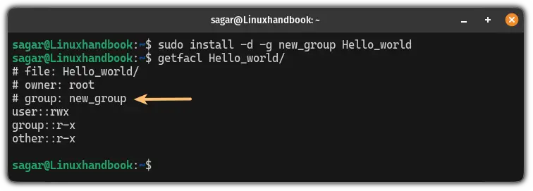 Create a new directory with specific group ownership using the install command in linux