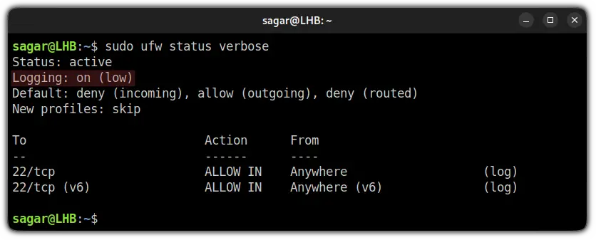 default logging level of UFW firewall