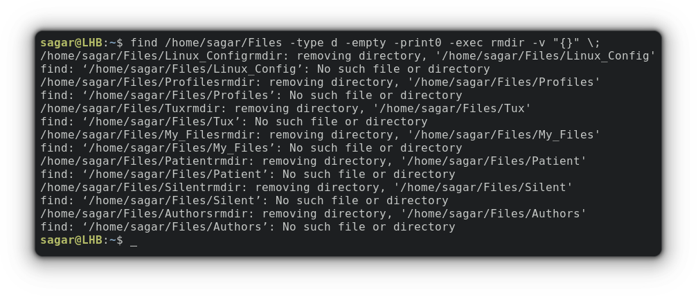 Delete empty directories using find exec command