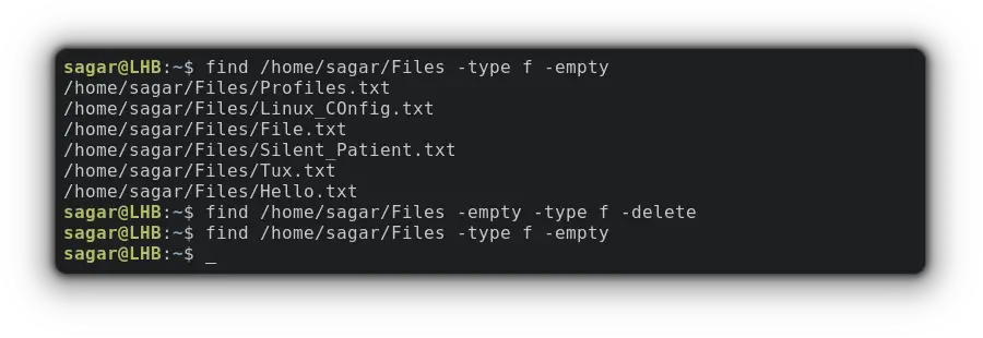 Delete empty files using find command