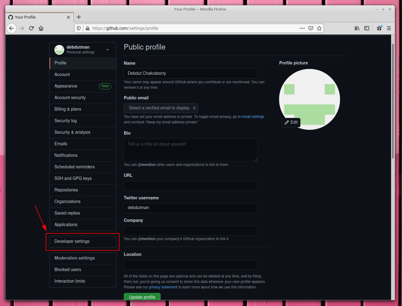 GitHub developer settings