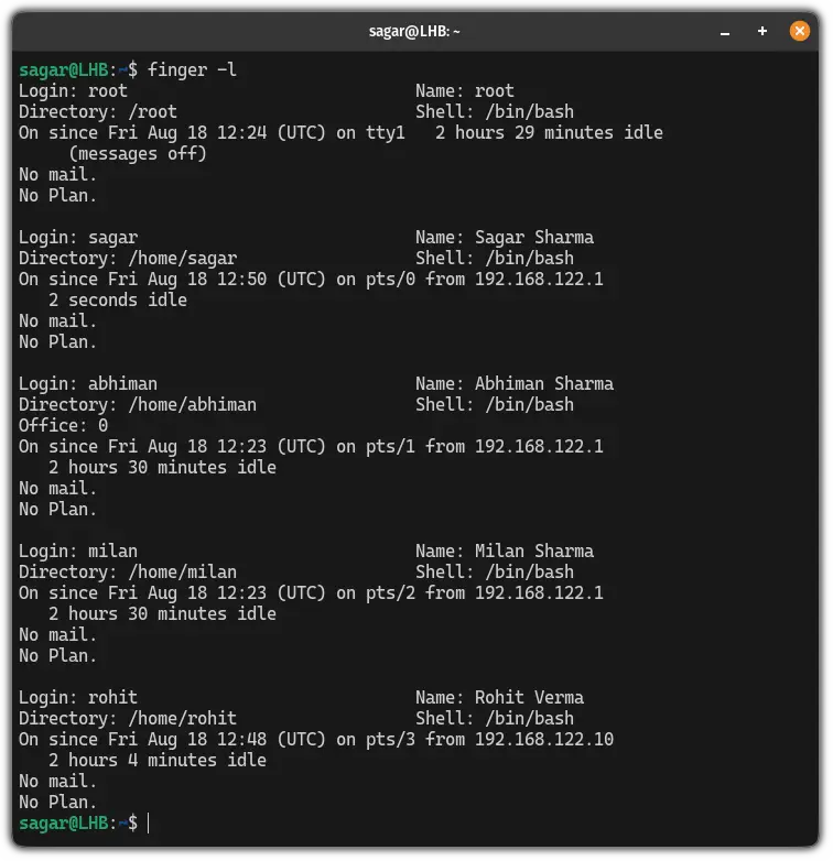 Display all the logged-in users in long form using the finger command in Linux