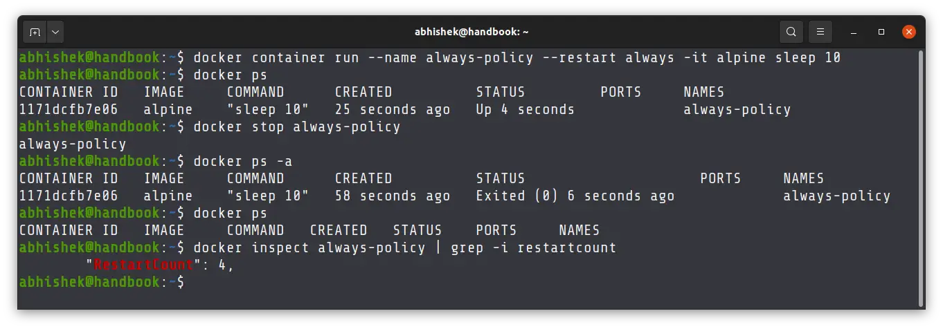 Exmple of always restart policy in docker