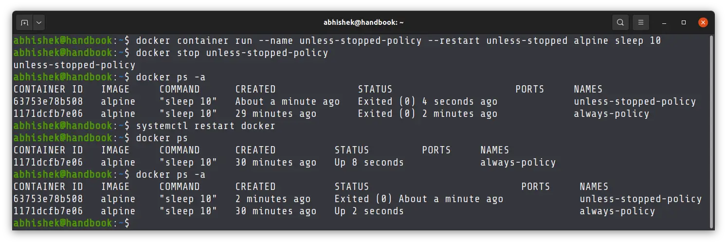 Difference between always and unless-stopped restart policies in Docker