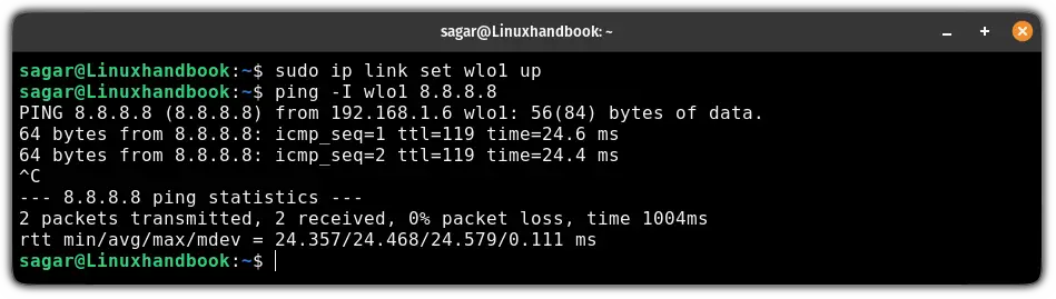 Enable the network interface using the ip command