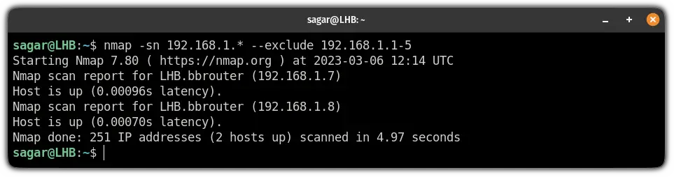 exclude multiple IPs while ping sweeping with the nmap command on linux