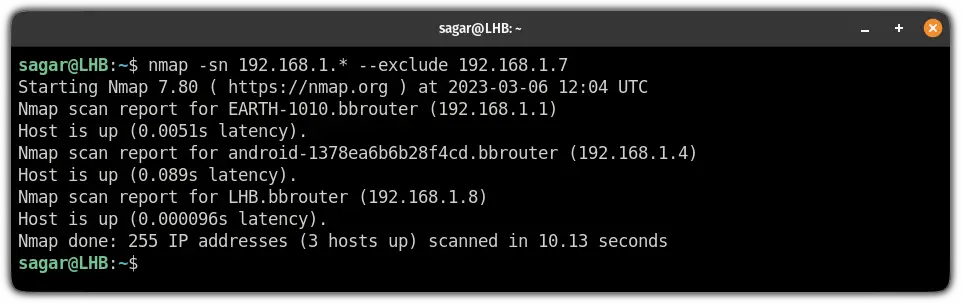 exclude specific IP while ping swpeeing using the nmap command on linux