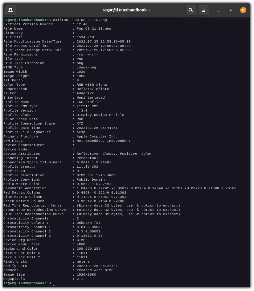 Exif data of an image