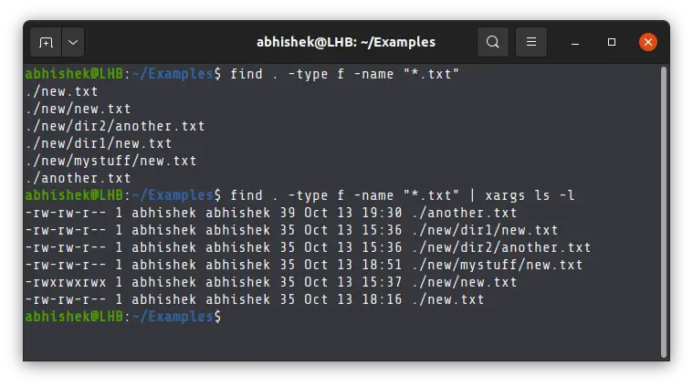 Example of find and xargs command