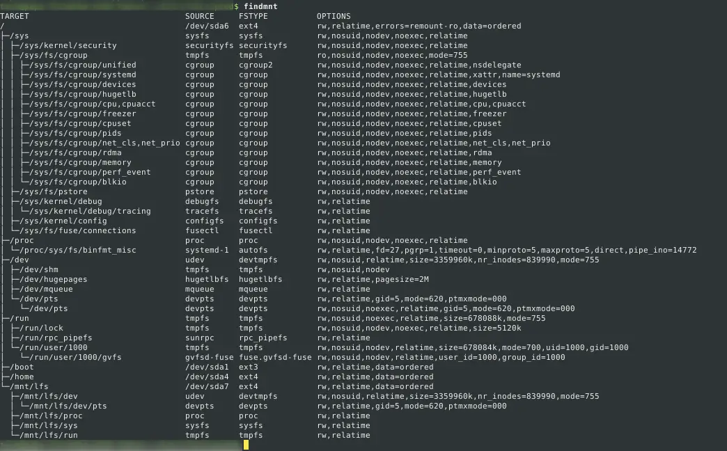 Default output of findmnt