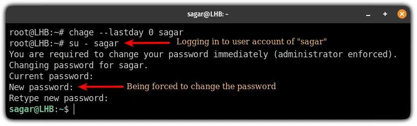 force user to change password at next login in linux