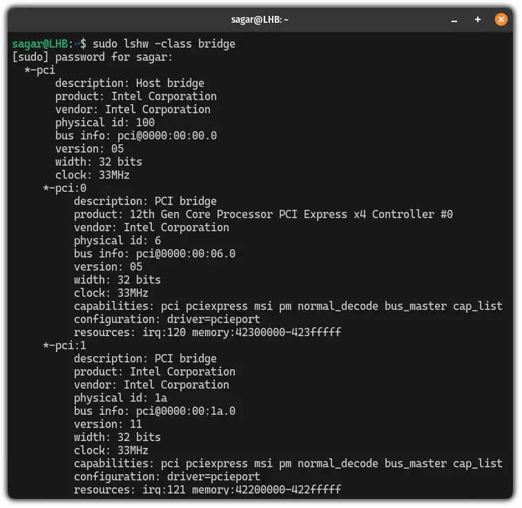 get details of PCIe bridge in Linux