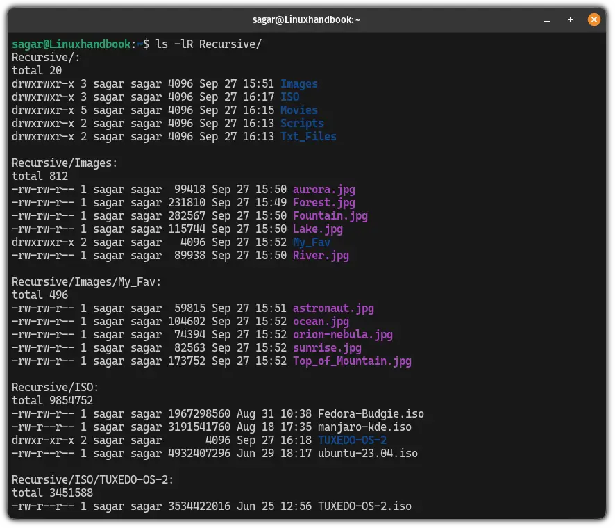 Get file premissions while using the ls command recursively