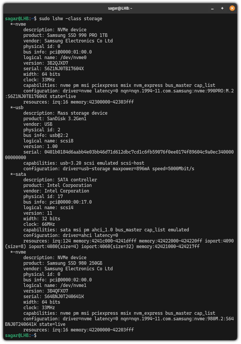 get storage information using the lshw command