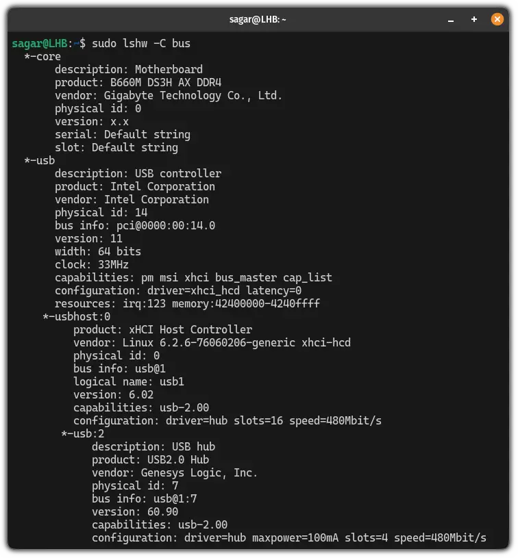 get the bus information of Linux using the lshw command