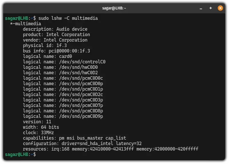 get sound card info in Linux using the lshw command