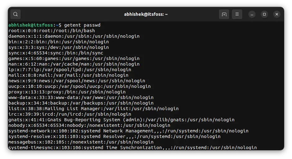 getent passwd command lists the users