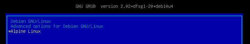GRUB menu with the Alpine entry