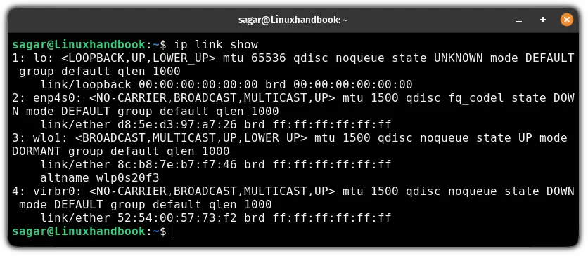 List all the interfaces using the ip command