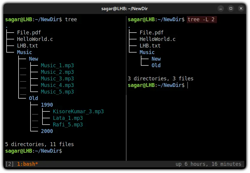 list files based of file levels in tree command