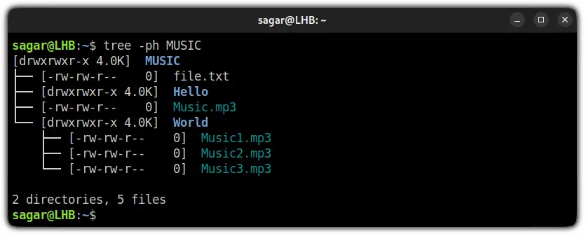 List files with permission using the tree command