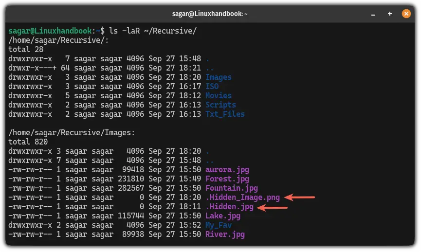 List hidden files recursively