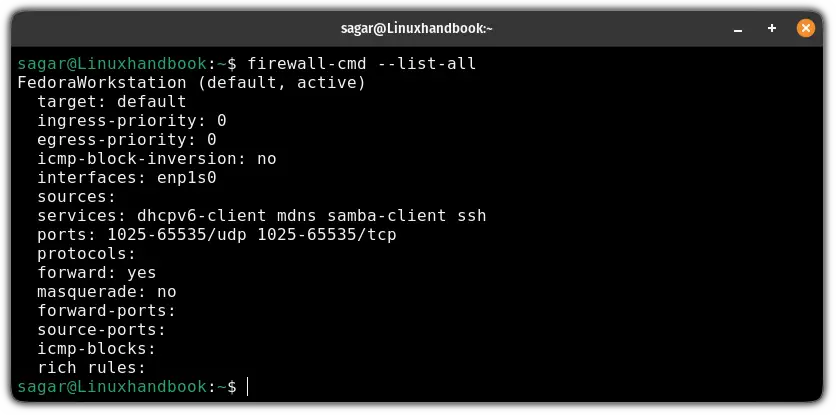 List the current firewalld configuration including allowed services, ports, and interfaces