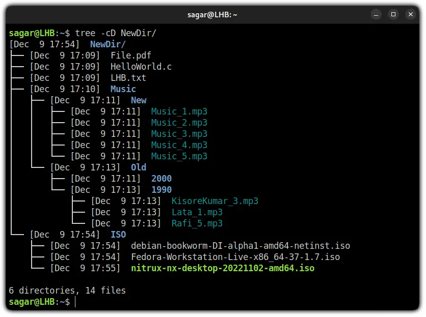 List the first modified files using the tree command