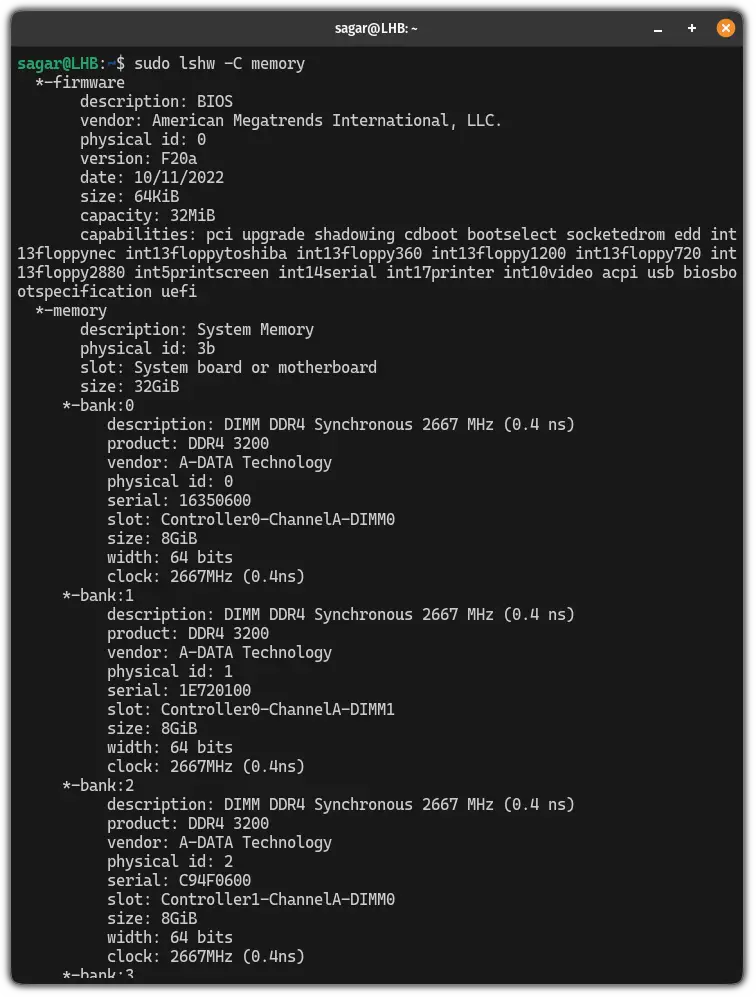 list the memory hardware details using the lshw command in Linux