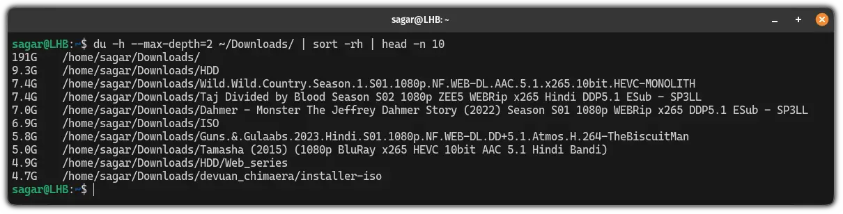 Look for max depth=2 and find the 10 largest files using the du command