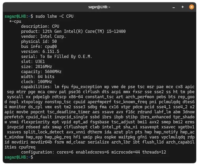 CPU details with lshw command