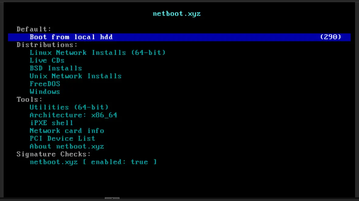 Netboot boot screen with iPXE