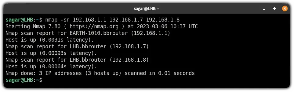 ping sweep multiple IPs with the nmap command on linux