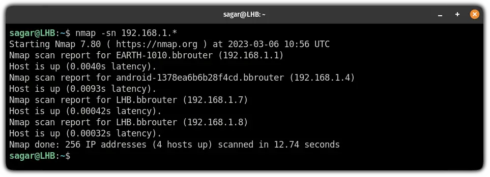 ping sweep the entire subnet using the nmap command in linux