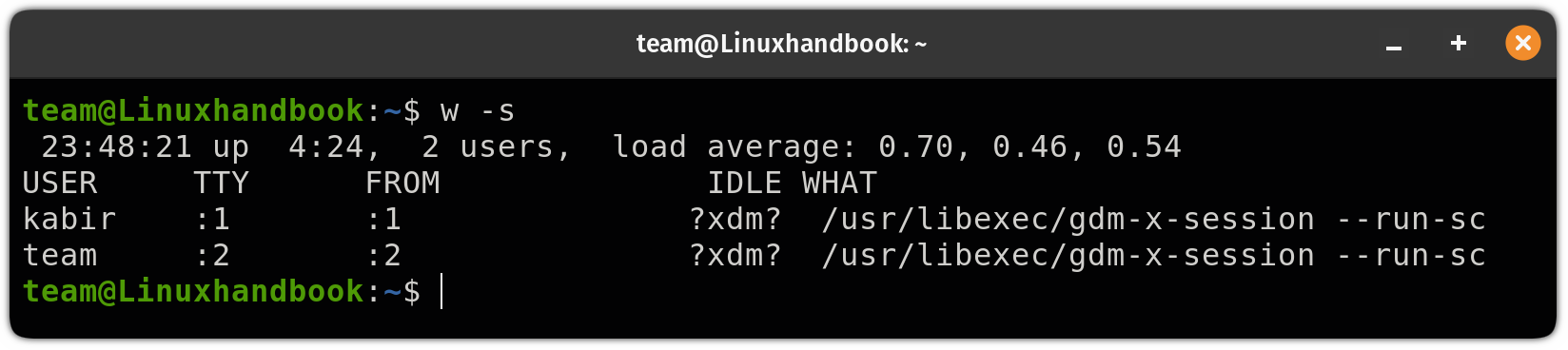 Print short output using the w command in linux