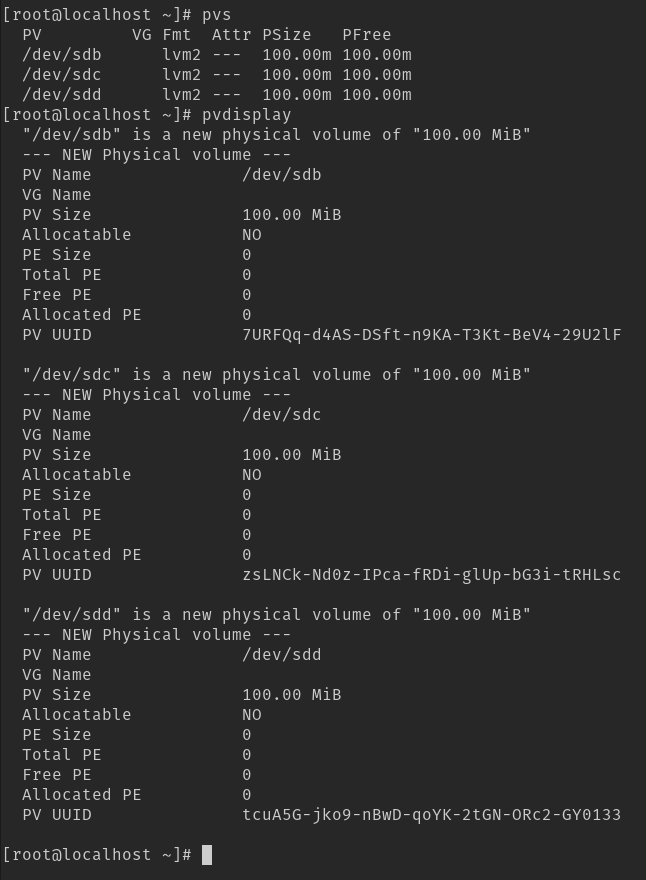 creating logical volume in Linux with pvs command