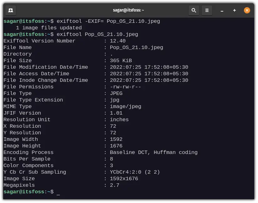 remaining metadata after removing exif data