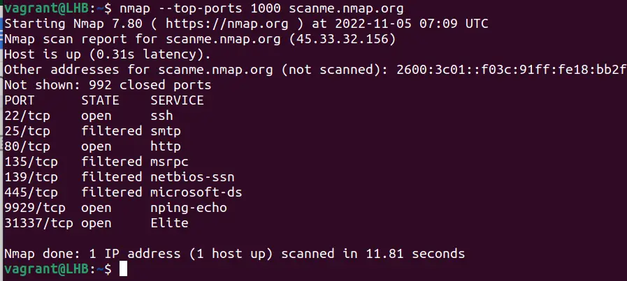 Scanning top 1000 ports with nmap